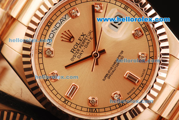 Rolex Day-Date Oyster Perpetual Swiss ETA 2836 Automatic Movement Rose Gold Case and Strap with Diamond Markers - Click Image to Close